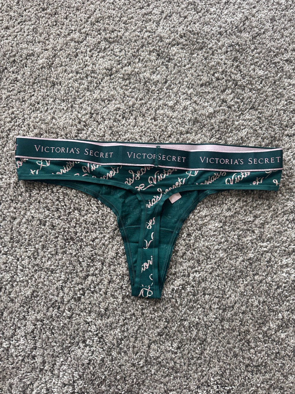 Victoria's Secret Teal Green Thong with Light Pink Logo Waistband